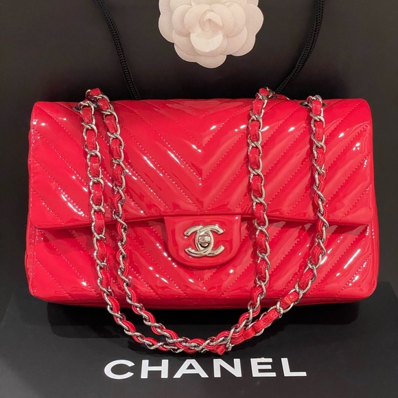 CHANEL Handbags - CHANEL Patent Chevron Red Bag